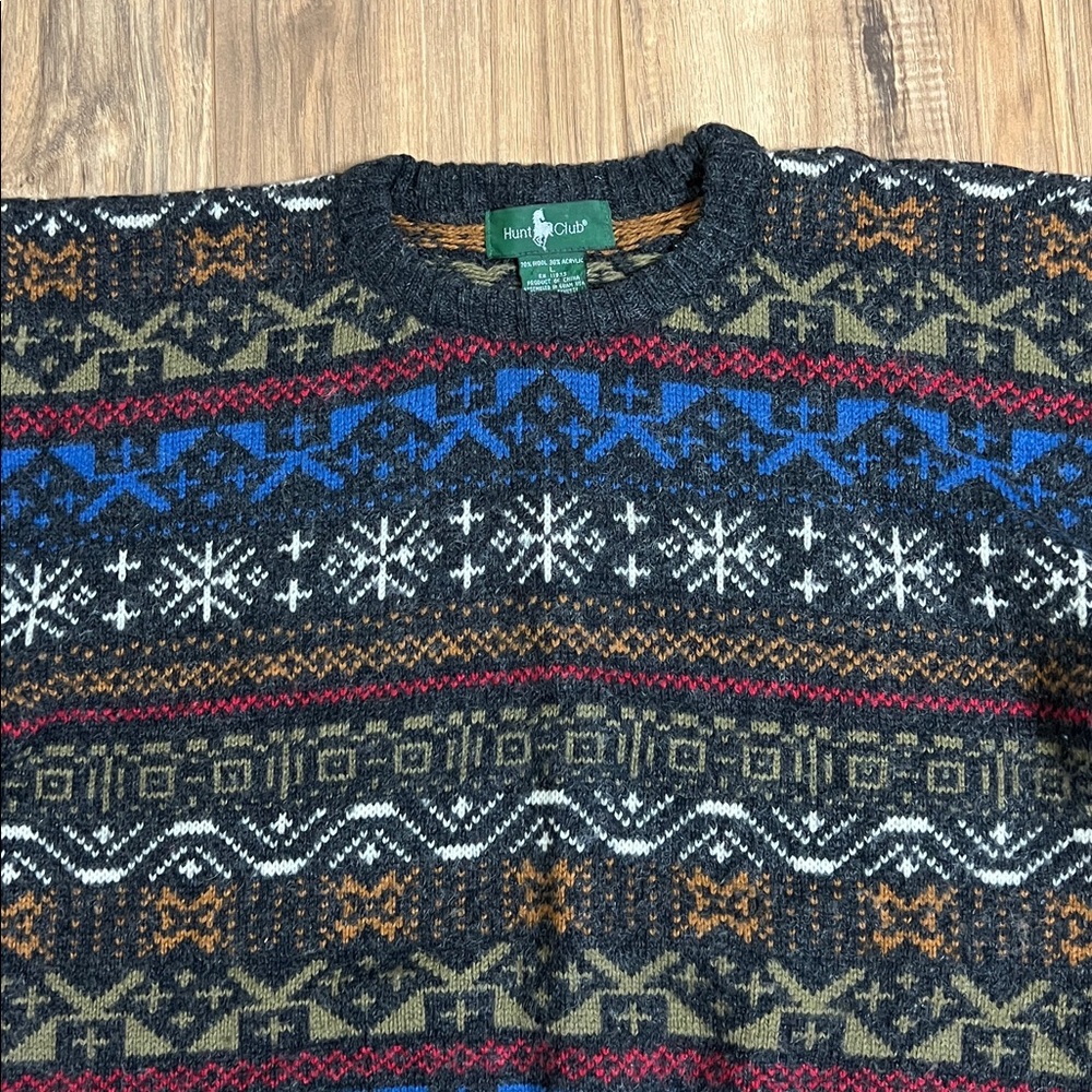 Vintage Hunt Club Wool-Blend Crewneck Sweater Multicolor Geometric Pattern Sz L - Picture 2 of 6
